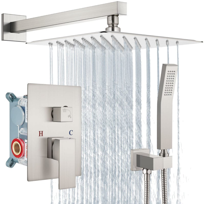 Aolemi Shower Faucet Set Rain Shower System with Handheld Spray Bathroom Shower Combo Rough-in Valve and Shower Trim Kit Included Brushed Nickel 10 Inch Wall Mount Shower Head - Image 1
